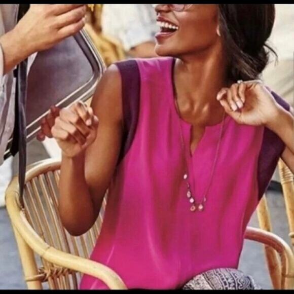 CAbi Campo Fuchsia Pink Split V Neck Popover Tunic Top Mesh Cap Sleeves - Picture 5 of 16